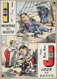 Bokstaver I og J: Marineinfanteriet og revisjonsdagen. Gravering i "Comic Military Alphabet". Femte serie. Epinal avbildning. Pellerin og Cie, Printers, Epinal, slutten av 1800-tallet. 16 sider. Mål: 25x18,5cm av French School