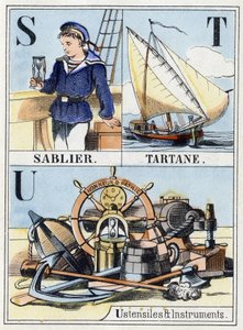 Bokstavene S som timeglass, bokstaven T som tartan, bokstaven U som redskaper og instrumenter. Navy abecedary på 16 sider som inneholder et alfabet med store bokstaver. Epinal bilde, slutten av 1800-tallet. Stensilerte tregraveringer Mål: 21x14,5cm av French School
