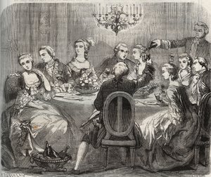 Libertinage: Christian VII (1749-1808), King of Denmark and Norway, during a libertine feast organized by the dancer Marie Madeleine Guimard (1743-1816) in her house of Pantin. Engraving from 1871 in “Histoire Des Cocus Celebres”” by Henry de Kock (1819-18 av French School