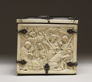 Lokk på en kiste som viser "Castle of Love and Knights Jousting", ca. 1330-50 av French School