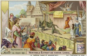 Liebig-kort med en representasjon av et middelaldermysterium av French School