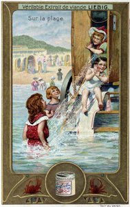 Liebigs kromolitografiserie «Strandspill» av barn. sd. 1800-tallet av French School