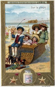 Liebigs kromolitografiserie «Strandspill» av barn. sd. 1800-tallet av French School