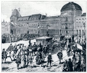 Livet under Louis XV: kongen ankommer Palais des Tuileries, hvor dronningen og delfinen venter på ham - i "Paris gjennom århundrene" av Genouillac av French School