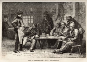 Interiøret i en woodcheron-leir i Ontario, gravering etter en tegning av D. Maillard, som illustrerer ekskursjonen til Canada og til Northern Red River, av H. De Lamotte, i 1873, publisert i "" Le world tour""" 1875 , redigert av Edouard av French School