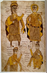 Lodhanri King of the Alamans (eller Alemans: germansk stamme) omgir en eveque, en hertug og en greve. Manuskript ""Breviary of Alaric and other legal texts"" (folio 197v), Frankrike, Vallee de la Loire (?), 803-814. Paris, B N av French School