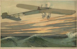Louis Bleriot foretar sin første flytur over Den engelske kanal i et fly som er tyngre enn luft, 25. juli 1909 (fargelitografi) av French School