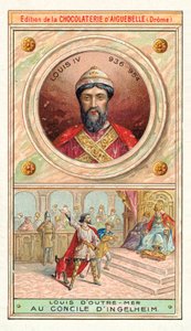 Louis IV av Frankrike ved Council of Ingelheim, 948 (chromolitho) av French School