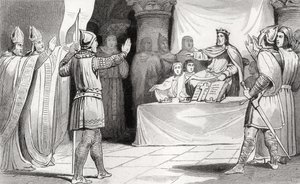 Louis I (778-840) den fromme ved hoffet, fra 'Histoire de France' av Colart, utgitt ca. 1840 av French School