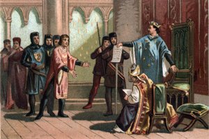 Ludvig VIII, kjent som "Løven" (1187 - 1226), Capetian-dynastiet, svarte stolt og heftig til en utsending av kongen av England Henry III. Kromolitografi rundt 1890. av French School