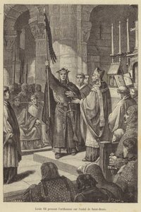 Louis VII tar banneret fra alteret til Saint-Denis (gravering) av French School