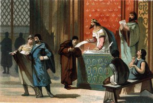 Louis VI dit Le Gros (1081-1137) ga portobrevene til kommunene. Kromolitografi rundt 1890. av French School
