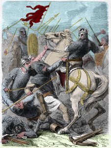 Louis VI sa at "The Gros" (1081 - 1137), i slaget ved Brenneville, forsøkte å ta Normandie fra kong Henry I av England i 1119. Gravering i "" Histoire De France En Cent Paintings av Paul Lehugeur "" 1891. av French School