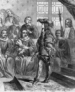 Ludvig XIV (1638 - 1715) var 17 år gammel i 1652 foran parlamentet og tvang presidenten til å oppløse forsamlingen. Gravering i "" Histoire De France En Cent-malerier av Paul Lehugeur "" 1891. av French School