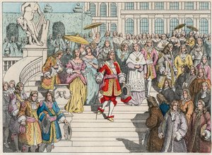 Ludvig XIV (Louis 14) og hans domstol i Versailles - Ludvig XIV av Frankrike og hans domstol i Versailles - Gravering av slutten av 1800-tallet i "" Nos Gires Nationales - Images et recits"" av French School