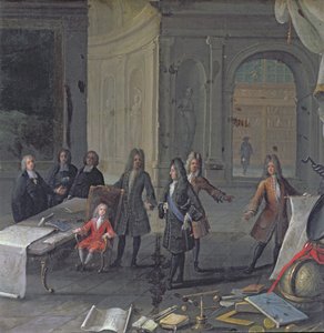 Ludvig XIV deltar på en leksjon av hans oldebarn, den fremtidige Ludvig XV, ca. 1715 av French School