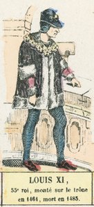 Ludvig XI, 55. konge, besteg tronen i 1461, døde i 1483 (farget gravering) av French School
