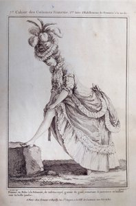 Louis XVI-mote: et fotportrett av en ung kvinne i en polsk kjole i stripet taft. Gravering fra 1778. Paris, dekorativ kunst av French School