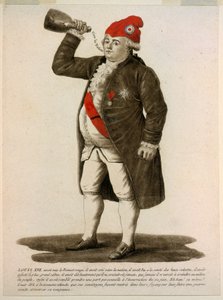 Louis XVI iført den røde hetten, gråt "Long Leve the Nation", pub 1792 (håndfarget etsning) av French School