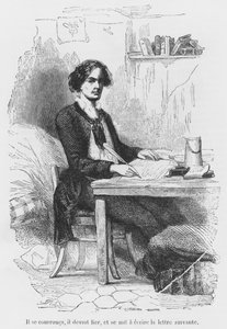 Lucien de Rubempre skriver et brev, illustrasjon fra 'Les Illusions perdues' av Honore de Balzac, gravert av Antoine Alphee Piaud (1800-tallet) av French School