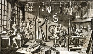 Luthiers verksted. Gravering - i Encyclopedia of Diderot and Alembert av French School