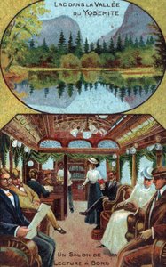 Luksusturisme: livet til passasjerer ombord på et cruise distraherende i lesesalen, øverst Yosemite Valley Lake i California, USA (Turist på luksuscruiselesing i skipets private bibliotek, utsikt over en innsjø i Yosemite-dalen, california) Chromolithogra av French School