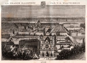 Lyon - gravering i "La France illustrée: geografi, historie, statistisk administrasjon" av V.A. Malt-Brown. 1884 av French School