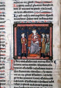 MS.782 Childeric II (ca. 650-675), Clodomir (ca. 495-524) og muligens Theodoric, representert som under beskyttelse av kong Clotaire I (ca. 497-561), sittende på en trone, miniatyr fra Chroniques de Saint-Denis (vellum) av French School