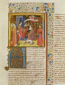 MS 246 f.1r Raoul de Presles presenterer sin oversettelse til Charles V (1338-80) fra La Cite de Dieu av St. Augustine, oversatt av Raoul de Presles (1316-82) ca. 1400-50 av French School