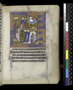MS 300 f.107r, David ber til Gud (over), to geistlige (under), fra Psalter and Hours of Isabella of France, Paris, ca. 1265-70 (penn og blekk og tempera på pergament) av French School