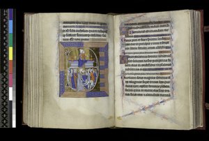 MS 300 f.177v-178r, Matins, Virgin and Child sitter mellom to vaser på benk (over); Forræderi mot Kristus, med Judas som kysset Kristus, og St. Peter som kuttet av Malchus’ øre (nedenfor), fra Salter og timer til Isabella av Frankrike, Paris, ca. 1265-70 ( av French School