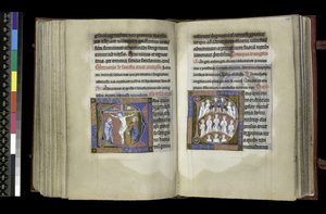 MS 300 f.198v-199r, Stemmerett til korset og stemmerett til engler, fra Salter og timer til Isabella fra Frankrike, Paris, ca. 1265-70 (penn og blekk og tempera på pergament) av French School