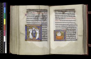 MS 300 f202v-203r, stemmerett til St. Denis og stemmerett til St Eustace, fra Salter og timer til Isabella av Frankrike, Paris, ca. 1265-70 av French School