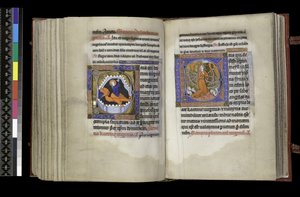 MS 300 f.206v-207r, Stemmerett til St. Margaret og Stemmerett til St. Katarina, fra Psalter and Hours of Isabella of France, Paris, ca. 1265-70 (penn og blekk og tempera på pergament) av French School