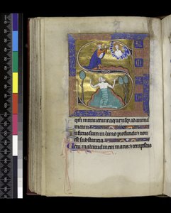 MS 300 f.70v, David ber til Gud (ovenfor), David synker i vann (under), fra Psalter and Hours of Isabella of France, Paris, c.1265-70 (penn & blekk og tempera på pergament) av French School