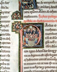 MS 3 Fol. 291v The Escape of Saint Paul fra Damaskus, opplyst første bokstav P, 1200-tallet, fra Avranches Bible av French School