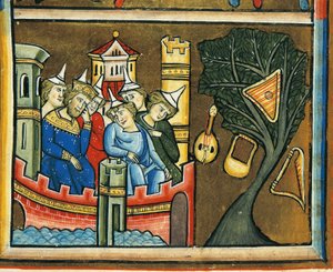 MS CXXXVII fol. 139v, sørgende jøder i Babylon, fra psalteren til Saint Elizabeth (tempera og bladgull på vellum) av French School