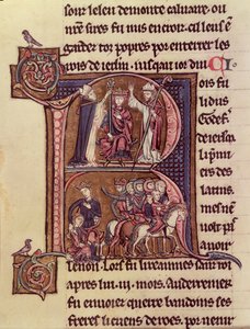 MS Fr 9081 f.99v Historikert initial R som viser kong Baldwin I av Flandern (1171-1205) som ble kronet som den latinske keiseren i 1204 og hans generøsitet overfor en tyrkisk kvinne som sendte barnet hennes av gårde av French School