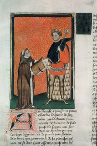 MS Hunter 8 f.9r Oversetteren Courbichon presenterer boken til Charles V av French School