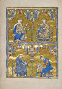 MS M.240 f.8r, Blanche av Castilla og kong Ludvig IX av Frankrike og nedenfor: Author Dictating to a Scribe, Bible of Saint Louis (Moralized Bible), sannsynligvis Paris av French School