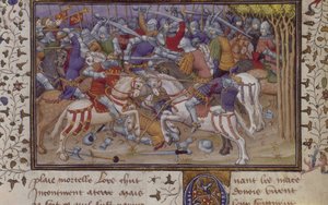 MS Royal 20 B.XX fol.16v Filips nederlag av Pausanias, med riddere som kjemper, fra 
