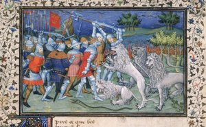 MS Royal 20 B.XX fol.50v Alexander den store (356-323 f.Kr.) kamper med hvite løver, fra 