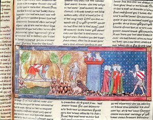 M. 806 f.166 Lancelot beviser sin kjærlighet til Guinevere ved å krysse en elv med et skarpt sverd, fra Roman de Lancelot du Lac, 1344 av French School