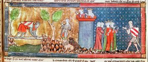 M. 806 f.166 Lancelot beviser sin kjærlighet til Guinevere ved å krysse en elv med et skarpt sverd, fra Roman de Lancelot du Lac, 1344 av French School