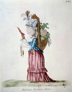 Madame of the Three States En kvinne iført elegante klær og bærer en kurv med frukt og grønnsaker som representerer de tre statene på tidspunktet for den franske revolusjonen. Gravering fra 1789. Library of the Arsenal, paris av French School