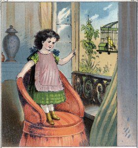 Madeleine, the little girl, received a serin for her birthday: this one is in a cage and despite the affection the child bears him, he regrets his freedom and feels a prisoner. Chromolithography from “Childhood Scenes””. Edition Guerin - Muller circa 1885. av French School