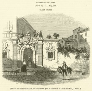 Hus kalt Salvator Rosa, Gregoriana Street, nær Treenighetskirken, i Roma (gravering) av French School