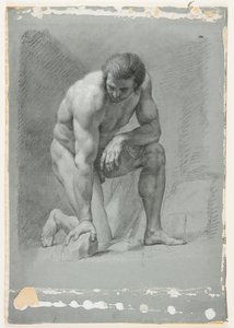 Male Academy, Kneeling, Leaning Forward on a Rock, slutten av 1700-tallet (svart kritt med hvit forhøyning) av French School