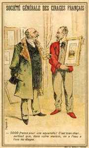 Mann pruter om prisen på en akvarell med en kunstner (chromolitho) av French School