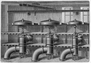 Produksjon av aluminium; installasjon av turbiner og dynamoer ved Neuhausen-anlegget (Sveits). Gravering i "" Nature. Journal of science og dets anvendelser til kunst og industri. av French School